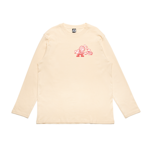 "Everbody Loves Pizza" Cut and Sew Wide-body Long Sleeved Tee White/Beige