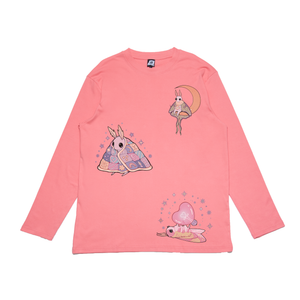 "Luna Quilt Rosey Maple Moth" Cut and Sew Wide-body Long Sleeved Tee White/Salmon Pink