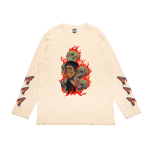"Fire And Skulls" Cut and Sew Wide-body Long Sleeved Tee Beige / Black