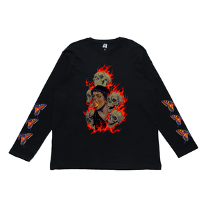 "Fire And Skulls" Cut and Sew Wide-body Long Sleeved Tee Beige / Black