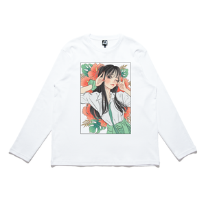 "Fox Pose" Cut and Sew Wide-body Long Sleeved Tee White/Salmon Pink