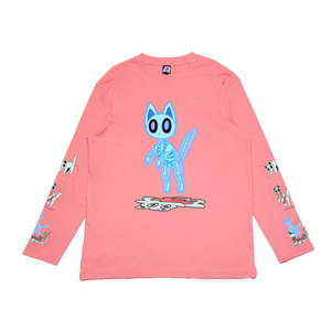 "Melting cat" Cut and Sew Wide-body Long Sleeved Tee Black/White/Beige/Salmon Pink