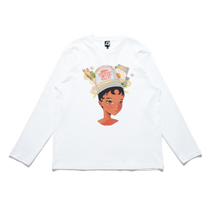 "Cup Noodles" Cut and Sew Wide-body Long Sleeved Tee White/Beige