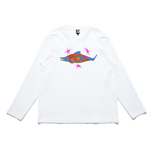 "Rainbow Trout Cyberspace" Cut and Sew Wide-body Long Sleeved Tee White/Salmon Pink