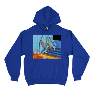 "Rainbow Trout Cyberspace" Fleece Hoodie Beige/Cobalt Blue