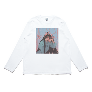 "Pink Hair Ribbon" Cut and Sew Wide-body Long Sleeved Tee White
