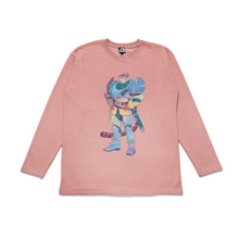 Load image into Gallery viewer, &quot;Tony the Tabaxi&quot; Taper-Fit Heavy Cotton Long Sleeve Tee Rose/Sky Blue