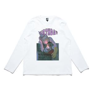 "Birthday" Cut and Sew Wide-body Long Sleeved Tee White