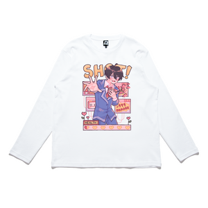 "Heart Shot!" Cut and Sew Wide-body Long Sleeved Tee White