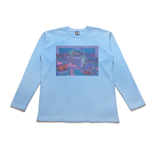 "The Night Is Still Young" Taper-Fit Heavy Cotton Long Sleeve Tee Sky Blue