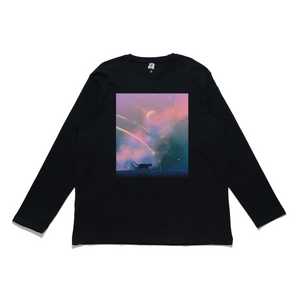 "Cat and Clouds" Cut and Sew Wide-body Long Sleeved Tee Black
