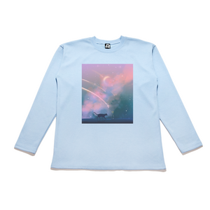 "Cat and Clouds" Taper-Fit Heavy Cotton Long Sleeve Tee Sky Blue