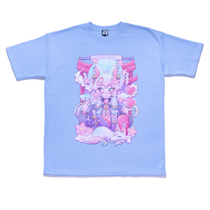 "Harajuku Kitsune" Taper-Fit Heavy Cotton Tee Sky Blue/Violet
