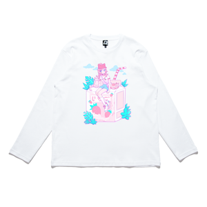 "Strawberry Milk Girl" Cut and Sew Wide-body Long Sleeved Tee White