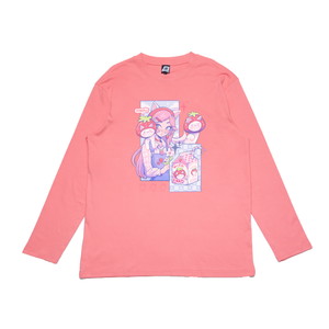 "Strawberry Cat" Cut and Sew Wide-body Long Sleeved Tee Salmon Pink