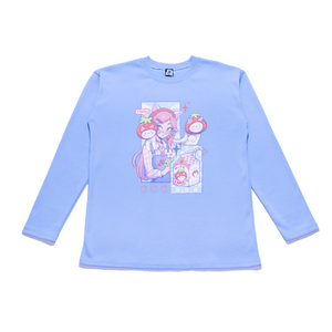 "Strawberry Cat" Taper-Fit Heavy Cotton Long Sleeve Tee Sky Blue
