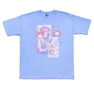 "Strawberry Cat" Taper-Fit Heavy Cotton Tee Sky Blue