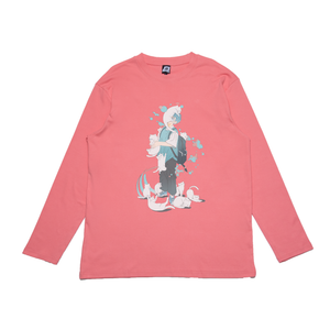 "Nekomamire" Cut and Sew Wide-body Long Sleeved Tee White/Salmon Pink