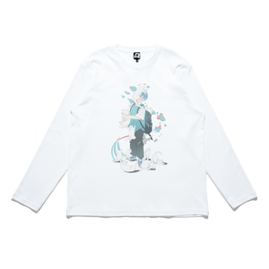 "Nekomamire" Cut and Sew Wide-body Long Sleeved Tee White/Salmon Pink